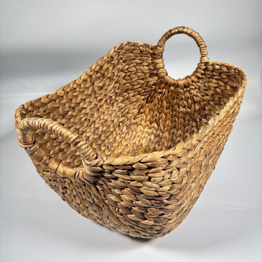 Large Woven Water Hyacinth Storage Basket Handles Scoop Front 17x14x14 Rustic